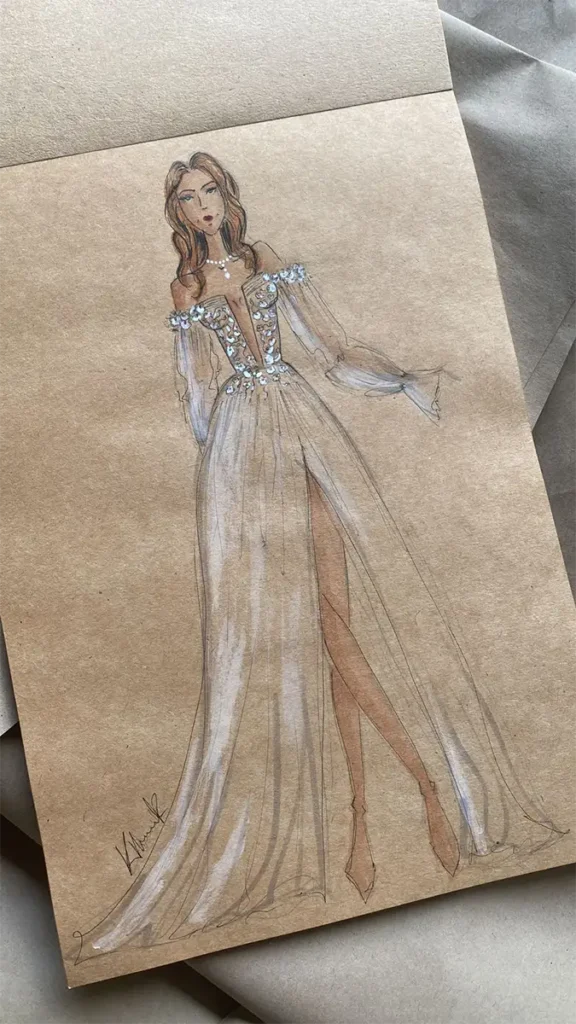 Completed sketch for Chloe’s bespoke wedding dress concept on sketch paper
