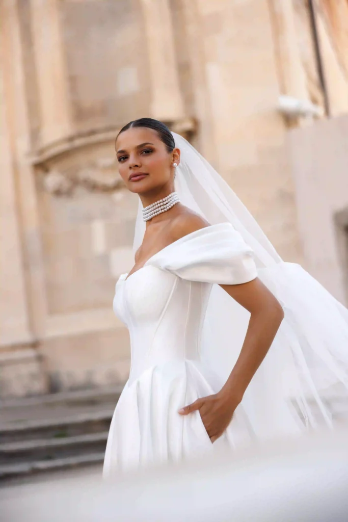 Detailed front view of Eliza from the Lana Grace bridal collection during a bridal fitting consultation