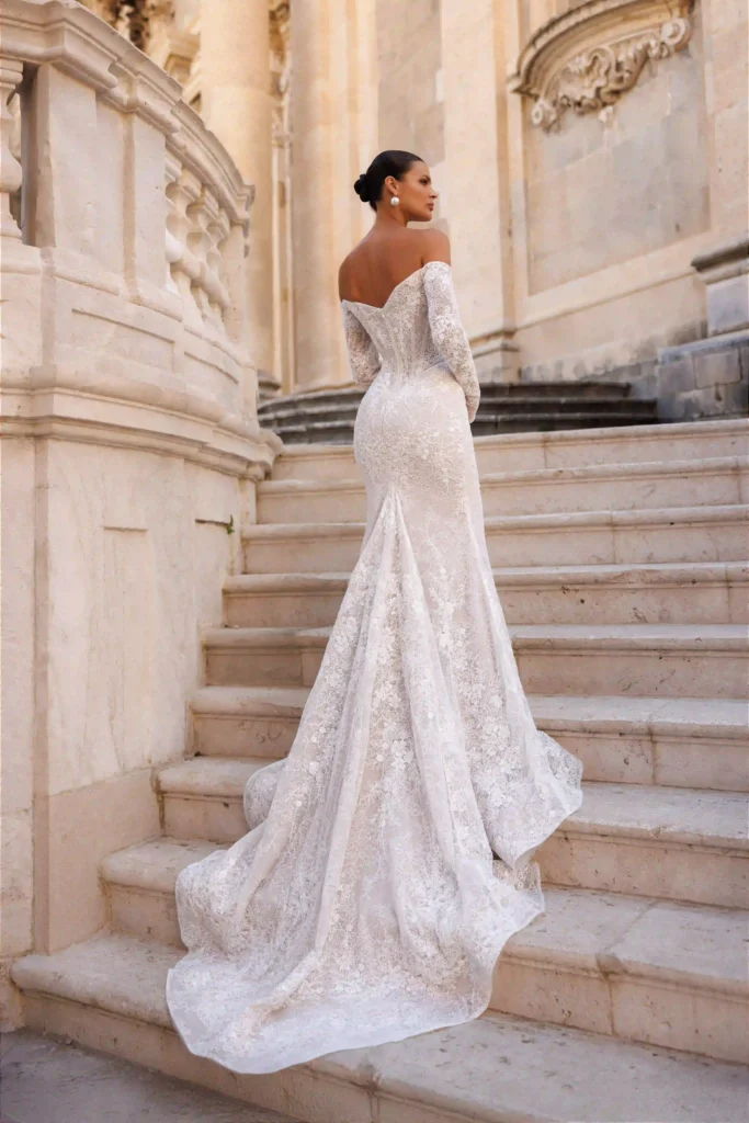 Back view of Harper without overskirt from the Lana Grace bridal collection during a bridal fitting consultation