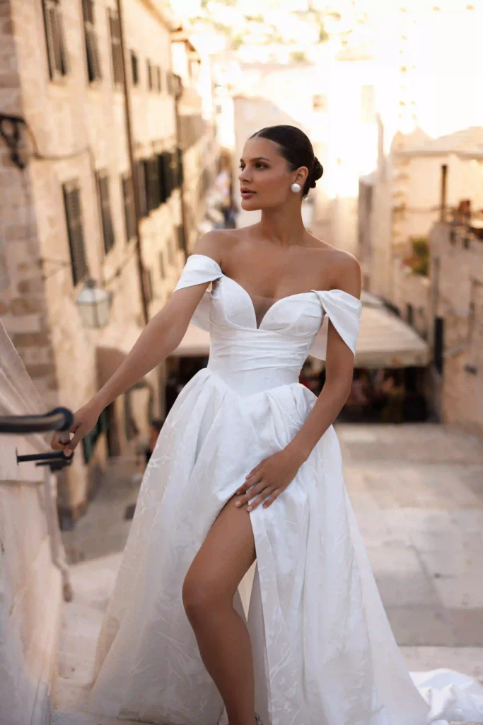 Close front view of Liana from the Lana Grace bridal collection during a wedding dress fitting experience
