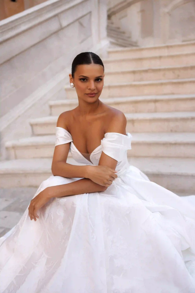 Front detail of Liana from the Lana Grace wedding dresses collection during a wedding dress fitting experience