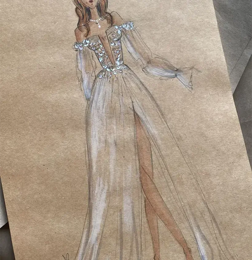 Completed sketch for Chloe’s bespoke wedding dress concept on sketch paper