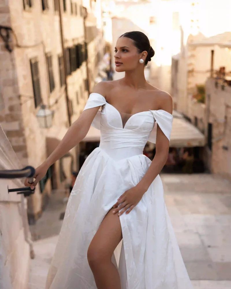 Close front view of Liana from the Lana Grace bridal collection during a wedding dress fitting experience